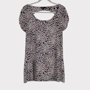 AB Studio Purple Abstract Print Short Sleeve Cutout Back Blouse